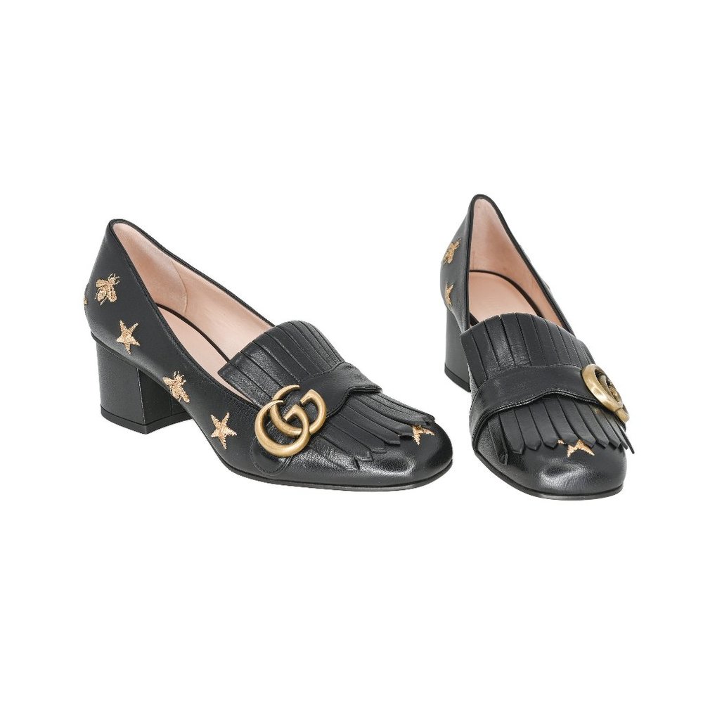 Gucci GG Marmont Bee & Star Embroidered Leather Mid-Heel Pumps - Picture 1 of 10